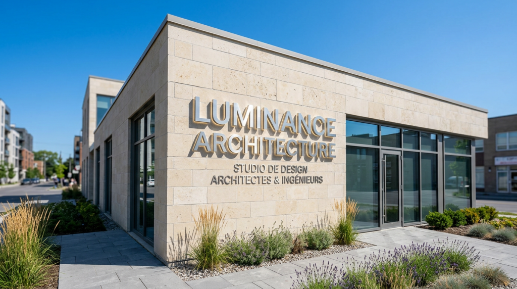 Photographie d'une enseigne signalétique d'entreprise moderne fixée sur une façade