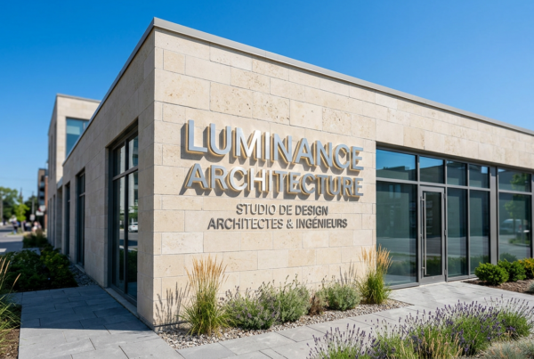 Photographie d'une enseigne signalétique d'entreprise moderne fixée sur une façade