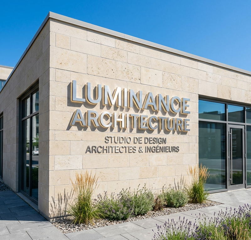 Photographie d'une enseigne signalétique d'entreprise moderne fixée sur une façade